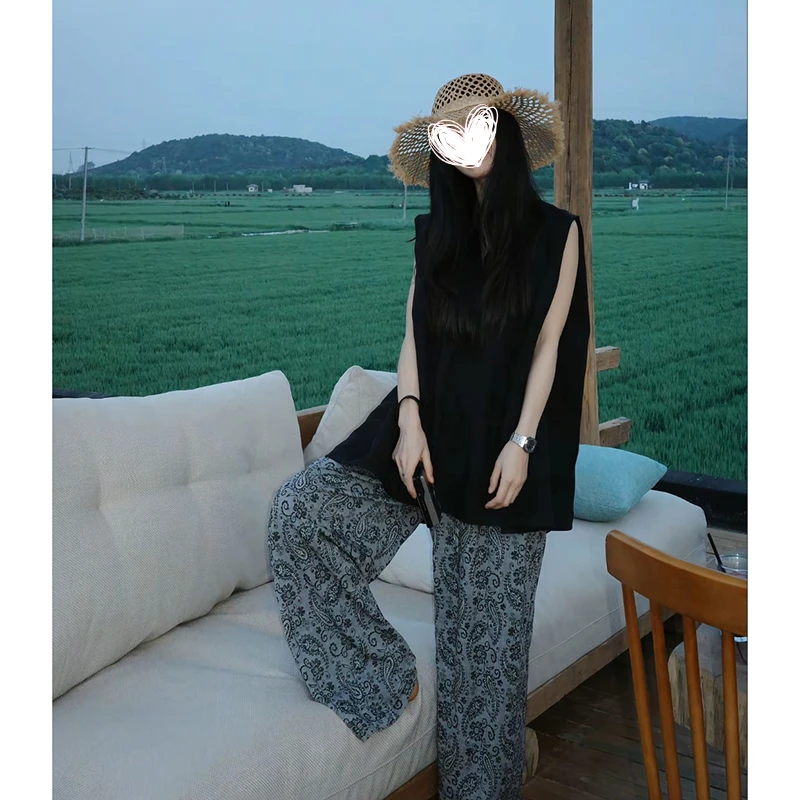 FRVXO百搭立体显瘦高腰设计感提花阔腿裤女廓形马甲上衣套装