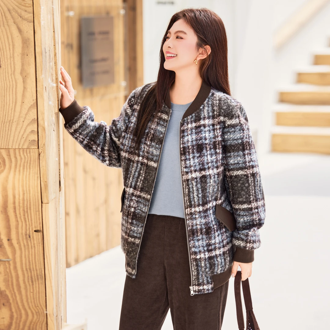 【格子圈圈毛呢】MsShe大码女装冬拼接pu皮棒球服外套S~A2509030