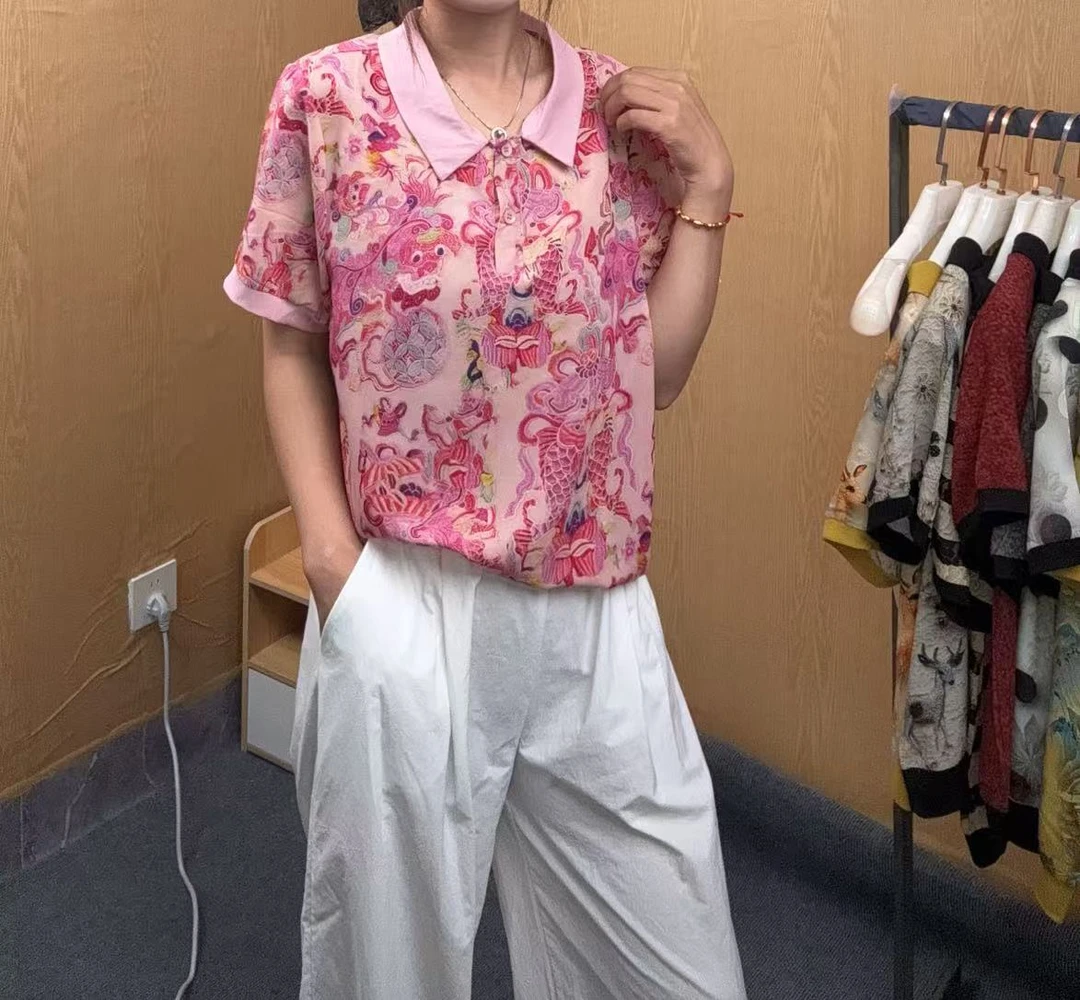 2025新款常规纽扣小衫百搭图案薄款休闲显瘦娃娃领中老年女装T恤