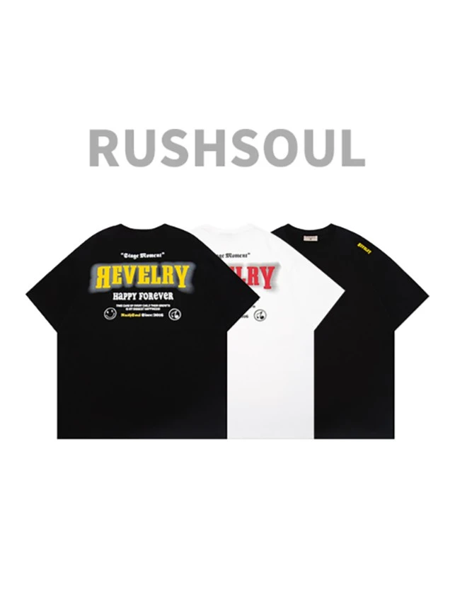 RUSHSOUL刻字膜后面发泡字母印花圆领潮牌半袖宽松男女短袖t恤