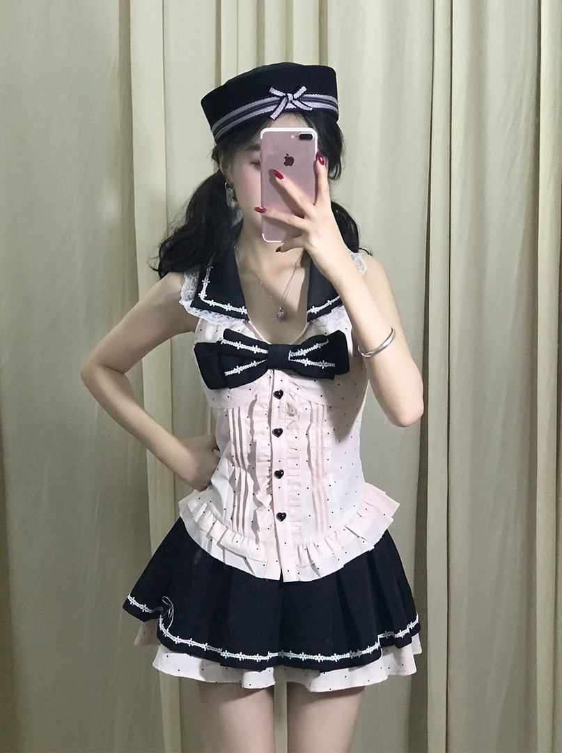 仙女温柔学院风蝴蝶结波点小众无袖上衣+双层百褶半身裙甜美套装