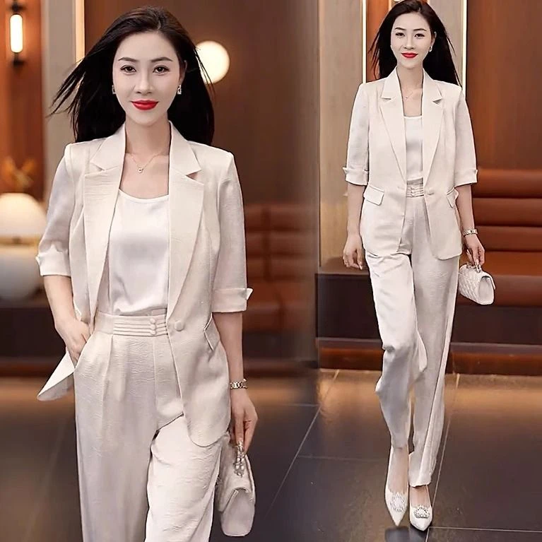 冰丝西装套装女夏季轻奢高级感垂感薄款短袖外套阔腿裤职业三件套