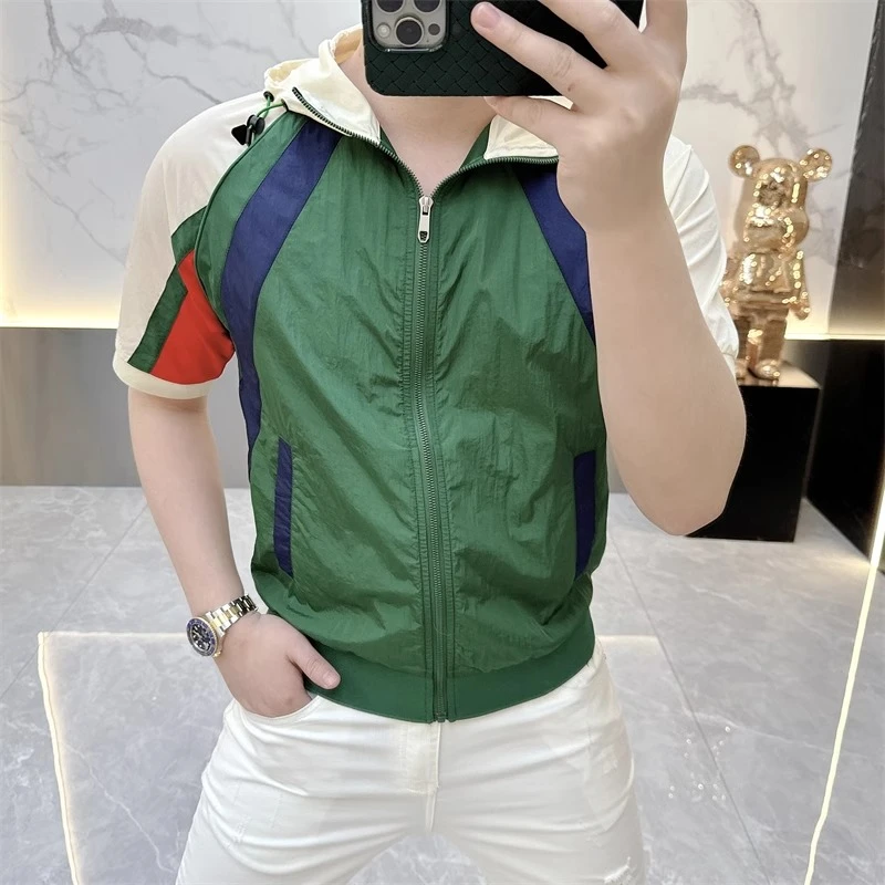 欧货轻奢高品质短袖T恤男时尚休闲百搭半袖连帽拉链拼色上衣2517