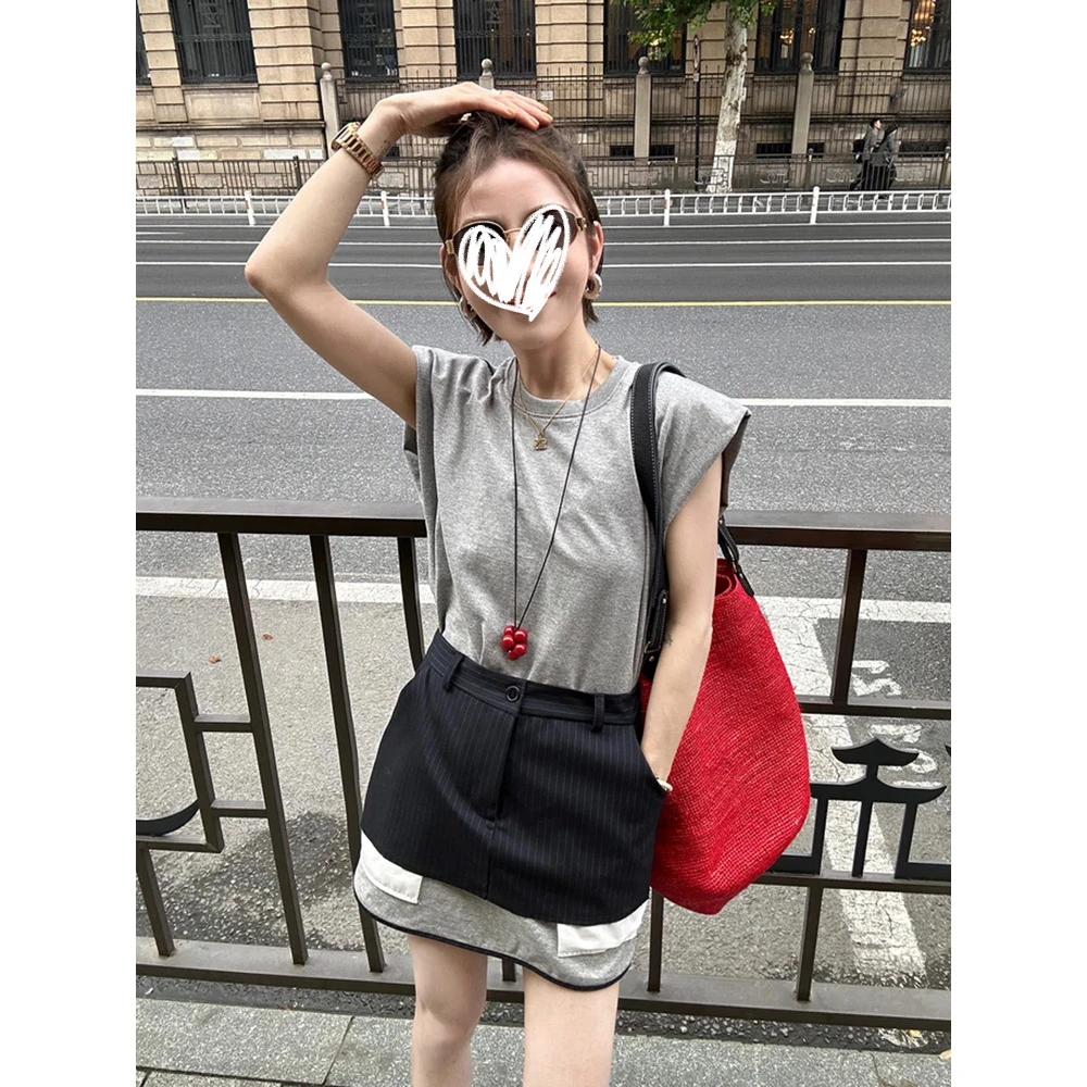 洋气衣服女2025夏款假两件无袖T恤连衣裙宽松收腰显瘦百搭上衣女