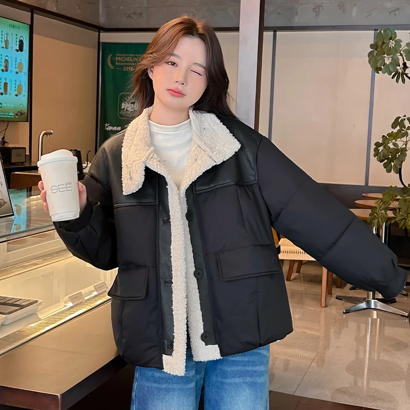 毛毛拼接棉服女冬季2025新款小个子加厚棉衣宽松防寒保暖棉袄女装