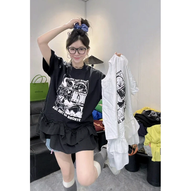 东大门2025夏季新款时尚圆领卡通印花拼接荷叶边短袖T恤连衣裙女