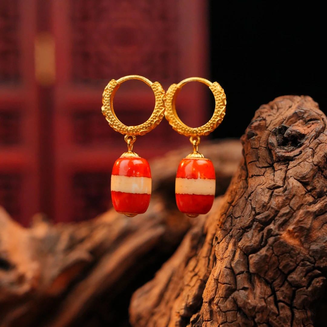 一线药师红肉珠珠玛瑙耳环LNR0200174