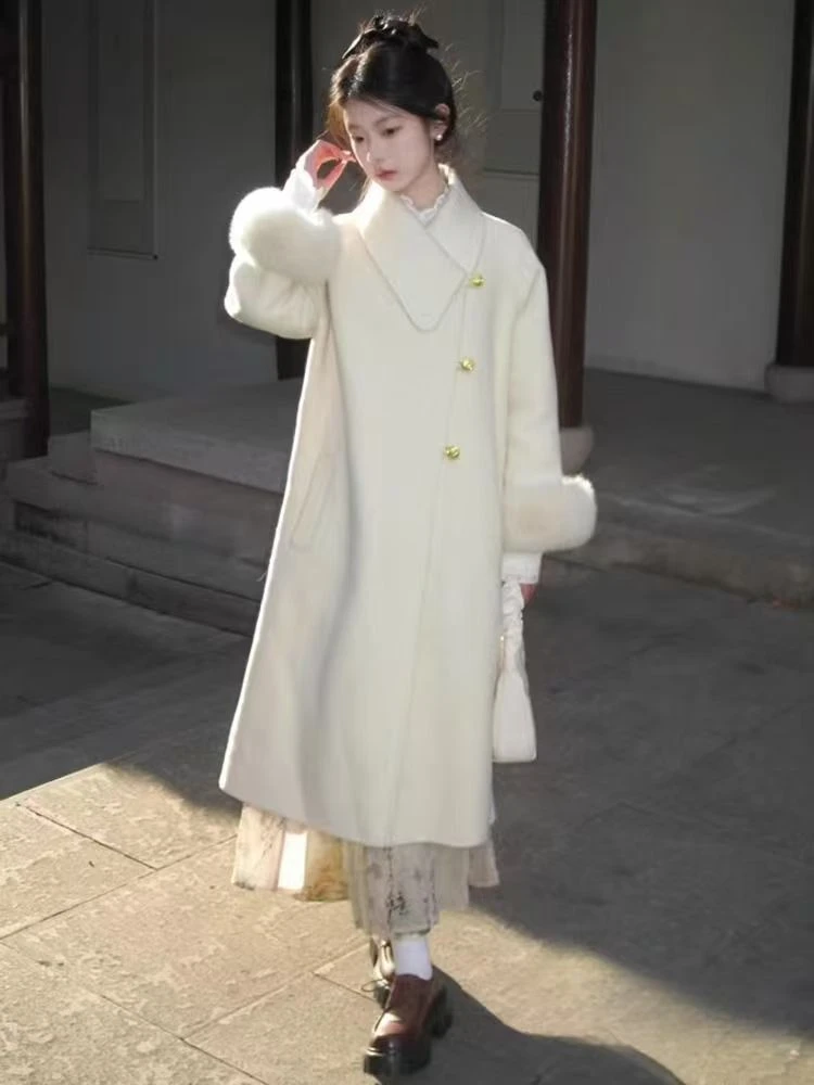 2025秋冬新款双面羊毛狐狸毛大衣高级宽松不规则衣领外套大衣