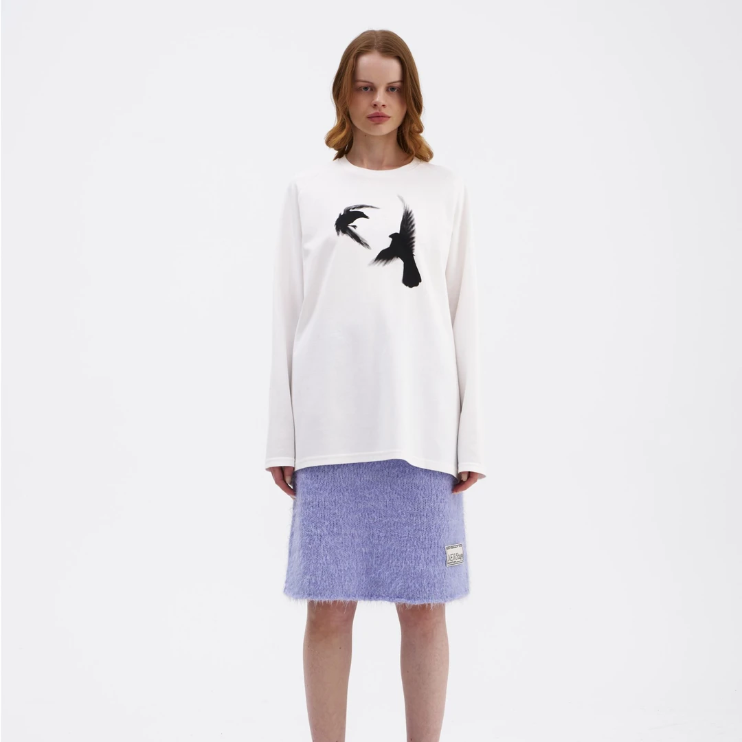 S.E.R.Y圆领宽松长袖限定主题T恤白色女士印花休闲