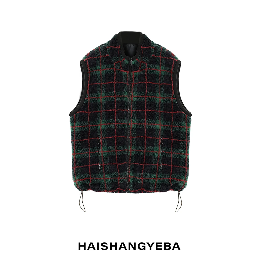 【海上叶爸】新款2025秋冬百搭羊毛立领红绿格纹无袖摇粒绒马甲