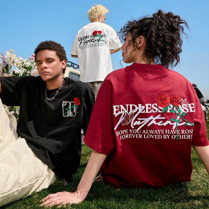 Nuthink玫瑰花重磅刺绣短袖T恤潮牌字母美式复古宽松男女2025新款