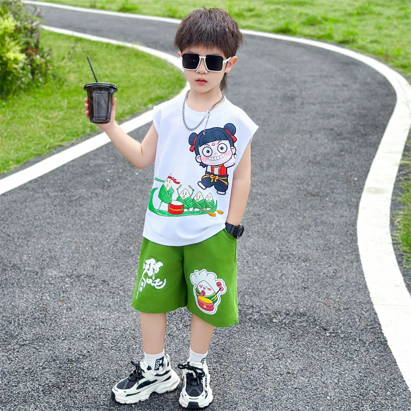 哪吒男童夏季背心套装2025新款儿童时髦无袖夏装宝宝痞帅网红衣服