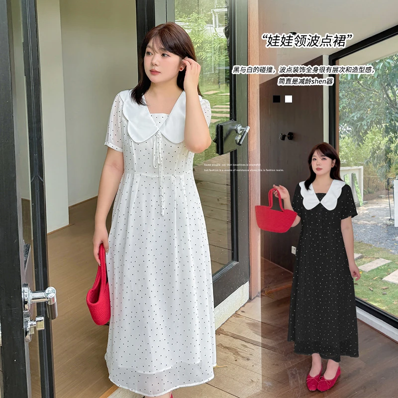 伊诺大码女装娃娃领波点连衣裙2025夏季新款高腰飘逸中长裙232419