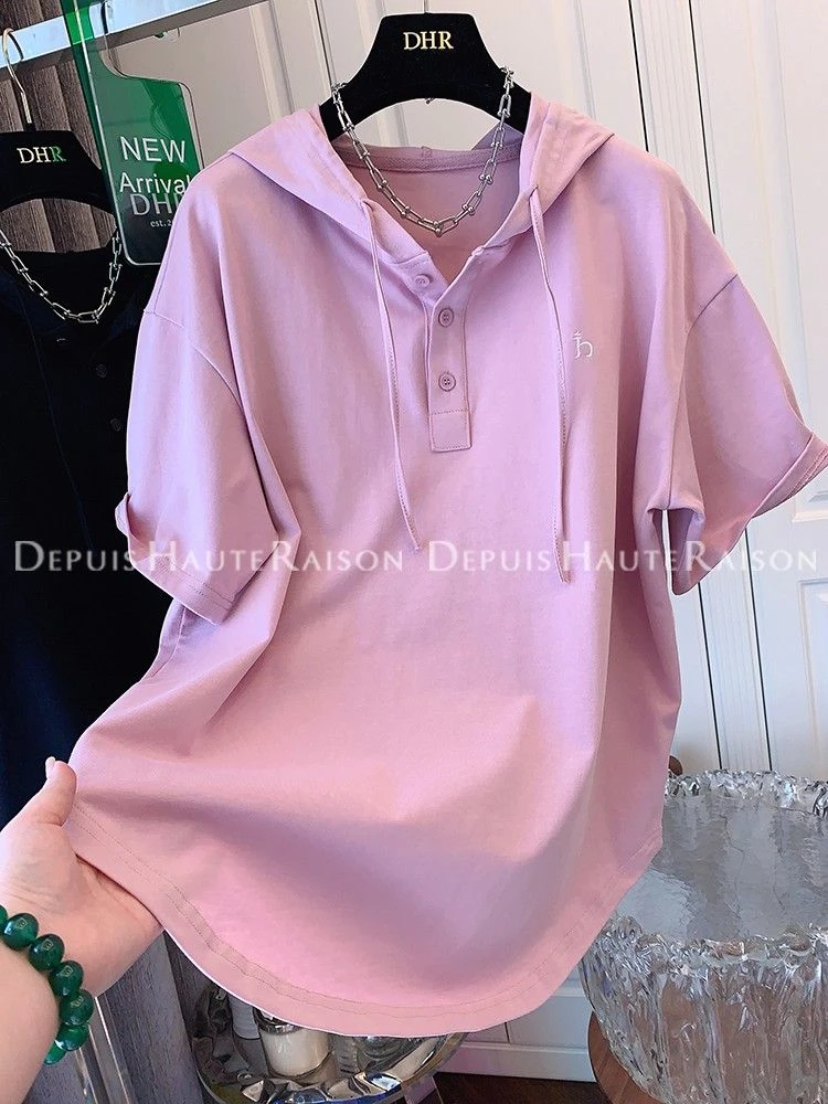 春夏新款300斤特大码胖mm刺绣连帽衫短袖T恤显瘦洋气时尚休闲上衣