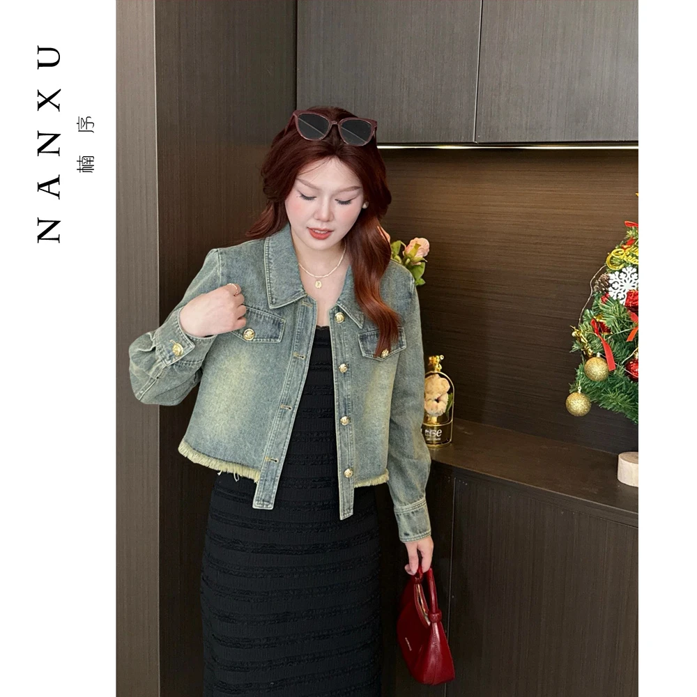 楠序胖mm大码女装2025秋季新款复古百搭显瘦设计感牛仔上衣DD9122