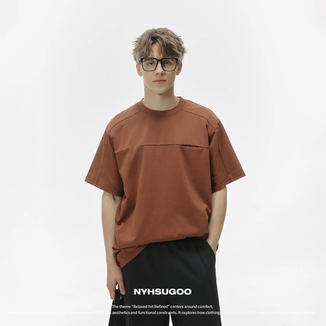 NYHSUGOO/南乙3518夏季纯棉设计款男士圆领短袖重磅酵洗休闲上衣