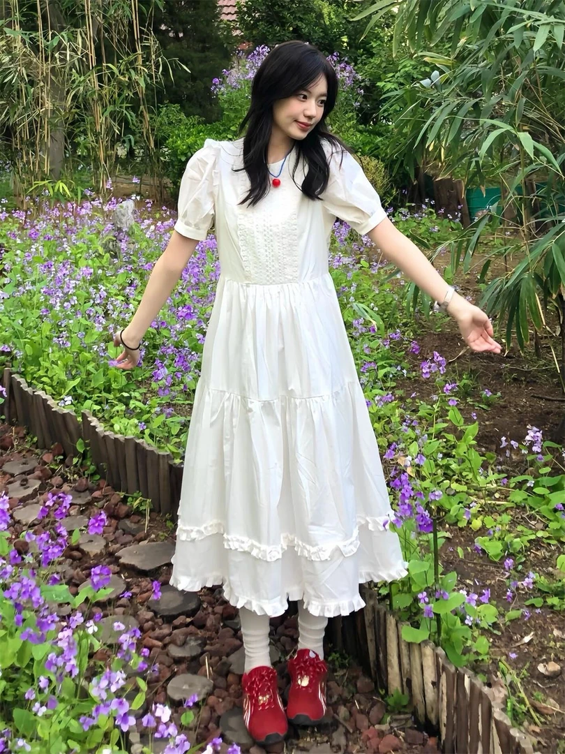 法式甜美女大童连衣裙韩版夏季初中生13少女孩15小个子温柔风长裙