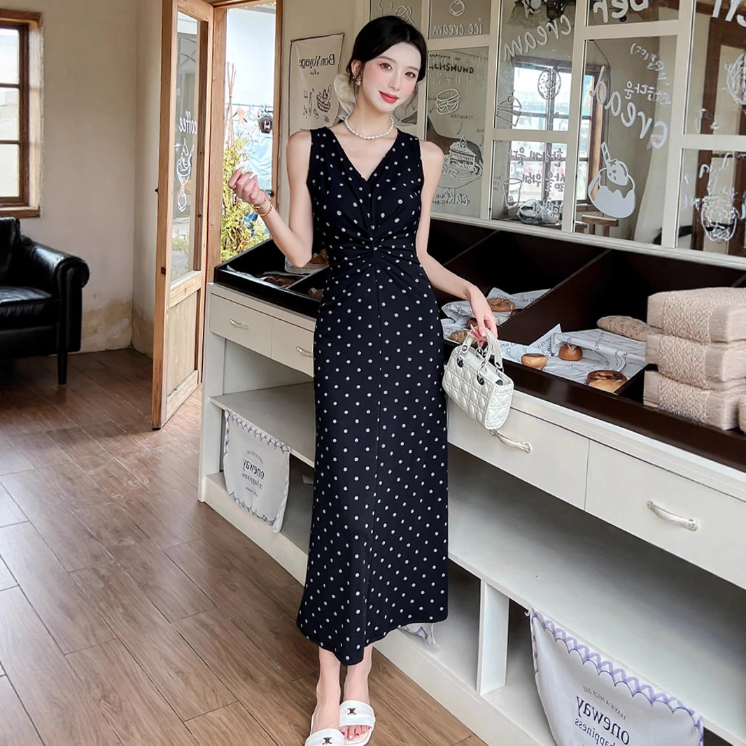 复古气质高腰波点背心连衣长裙日韩风优雅女神裙初恋感收腰涤纶V