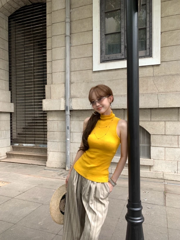 WUDALIAN 夏季薄款半高领无袖针织黄色背心女