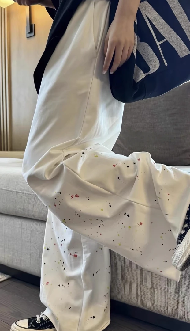 77510#【東Room】2025早秋休闲百搭慵懒手绘扎染直筒阔腿裤女