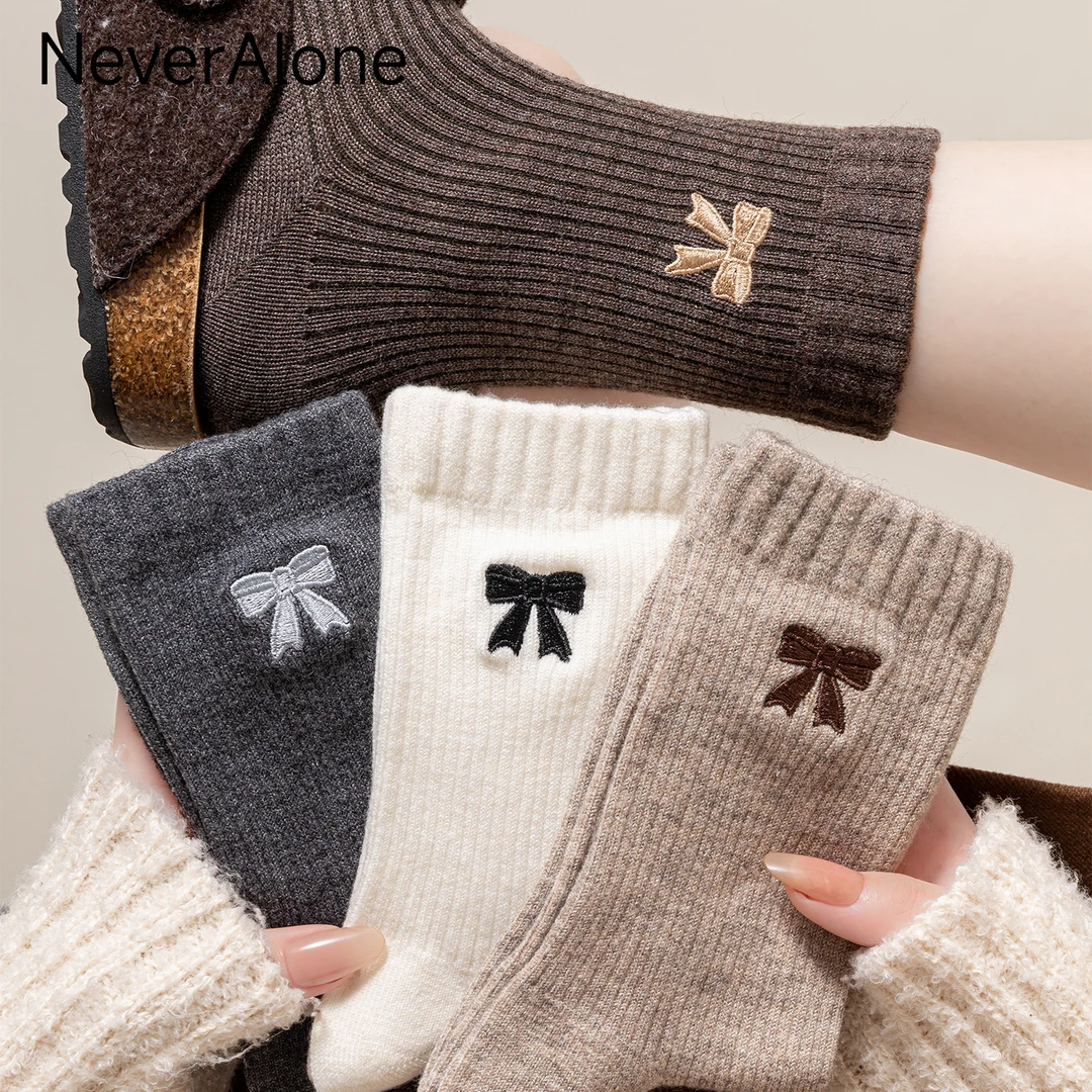 羊毛袜子女秋冬款保暖加厚堆堆长袜蝴蝶结刺绣咖色甜美冬天中筒袜
