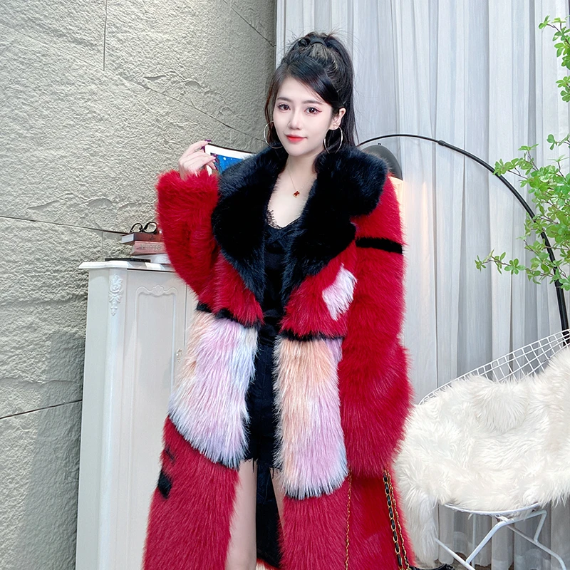 Bikamo/比卡陌冬季新款时尚气质拼接撞色皮毛一体外套女P0215红色