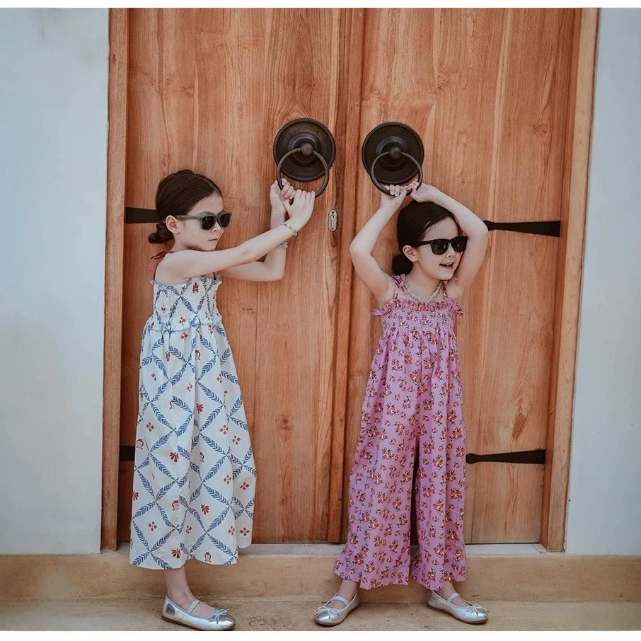 韩国童装女童复古显白碎花吊带连体裤夏季连身裤吊带裤宽松阔腿裤