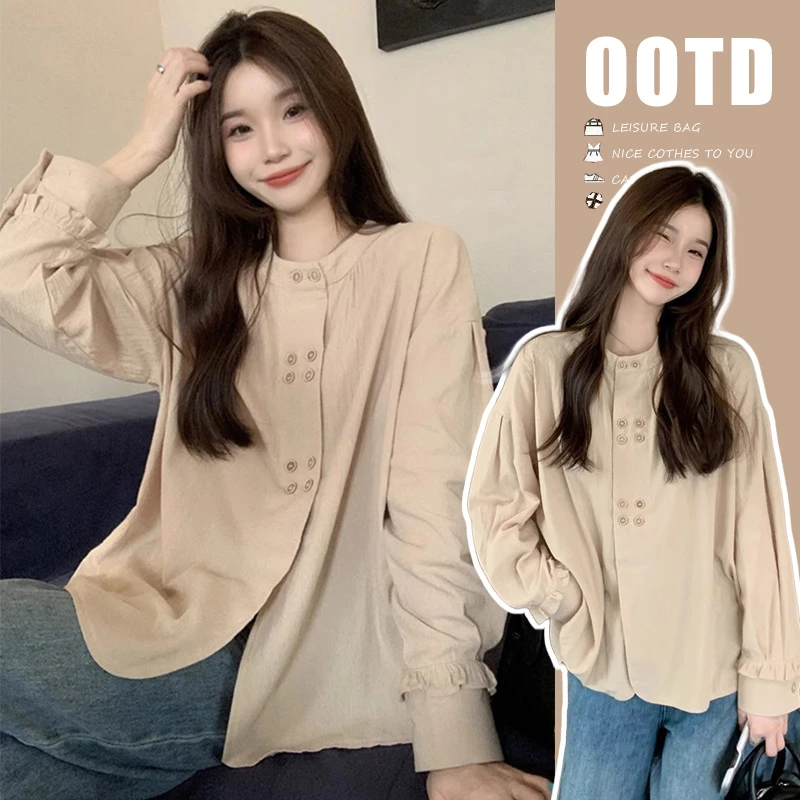 孕妇装春秋2025年新款复古设计双排扣设计感圆领宽松孕妇衬衫上衣