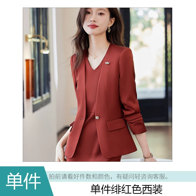 时尚气质小西装女修身显瘦短款红色正装百搭职业西服连衣裙套装
