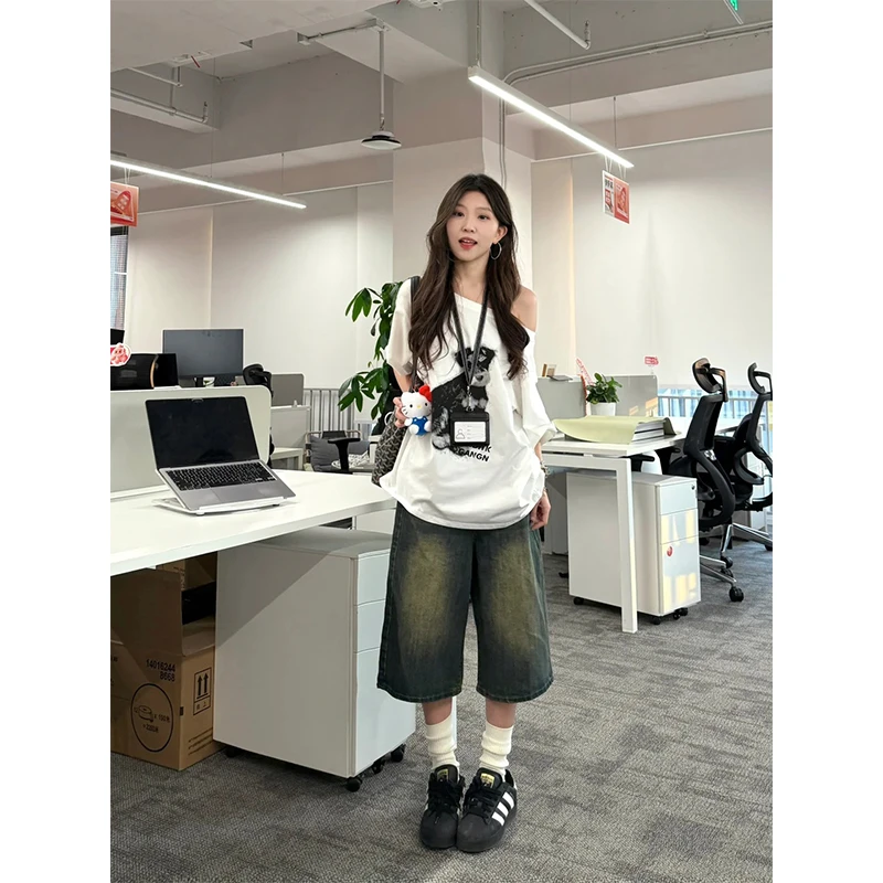 休闲慵懒风小狗印花斜肩设计感短袖t恤女夏季宽松休闲露肩上衣服