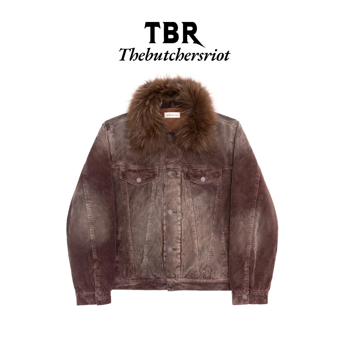 TBR真毛领酒红色水洗灯芯绒紫铜3m棉夹克合身版型棉服