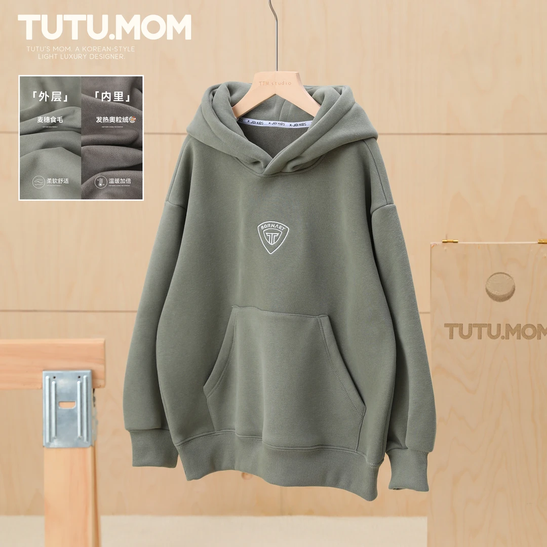 图图妈【韩版加绒连帽卫衣】男童秋冬新款极简风宽松上衣中大童潮牌