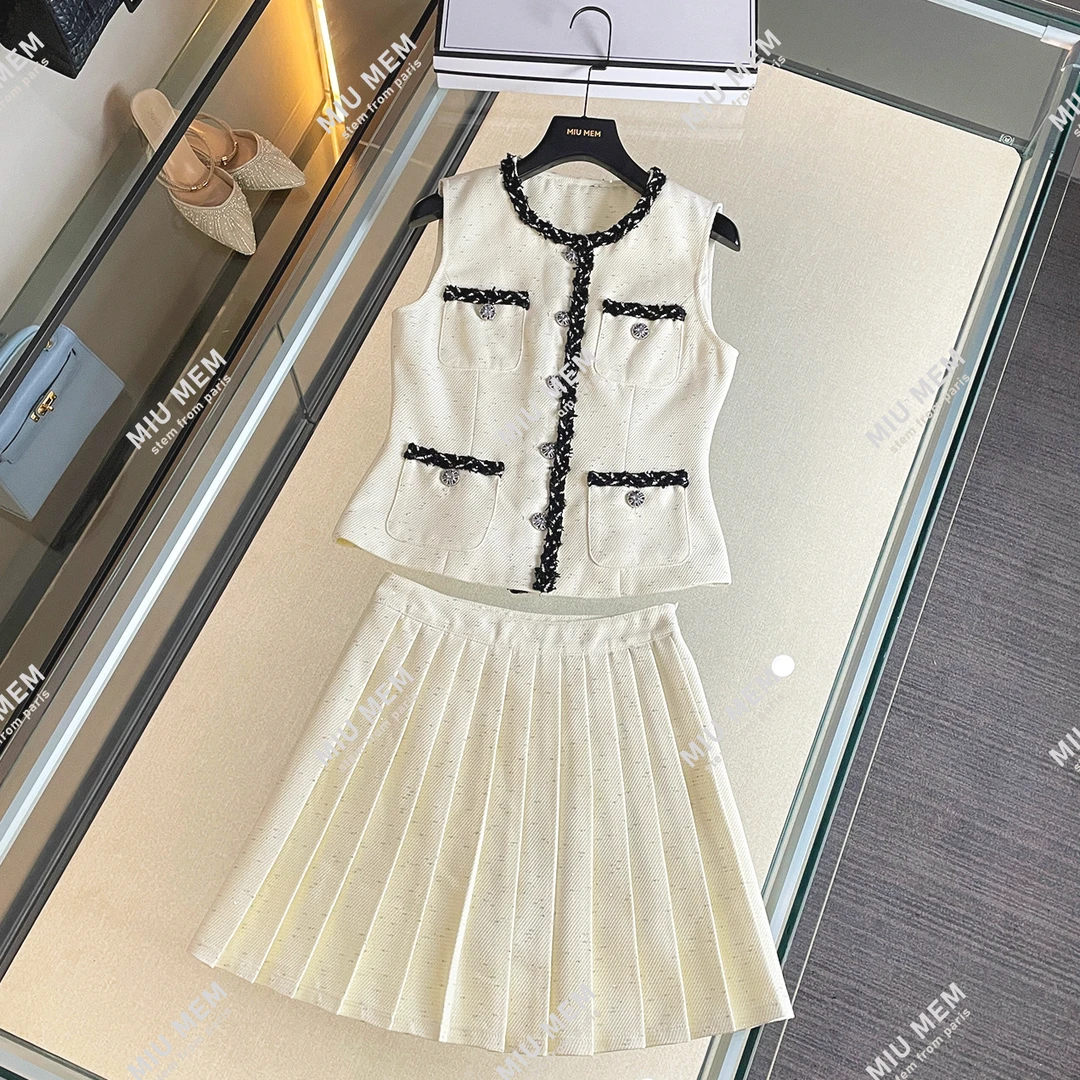 25夏季新款撞色小香风马甲背心开衫+百褶裙套装DY6638