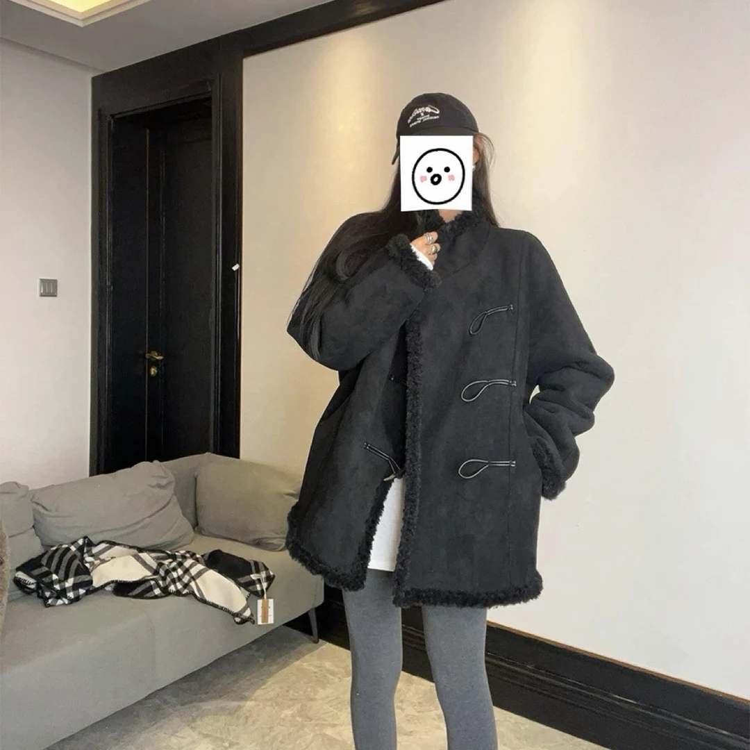 现货大版两面穿牛角扣松弛感麂皮羔毛一体外套上衣