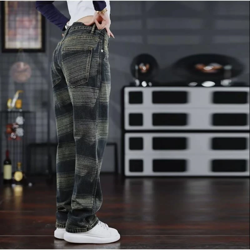 美式潮牌条纹牛仔裤男士2025秋季新款宽松直筒高街阔腿休闲长裤子