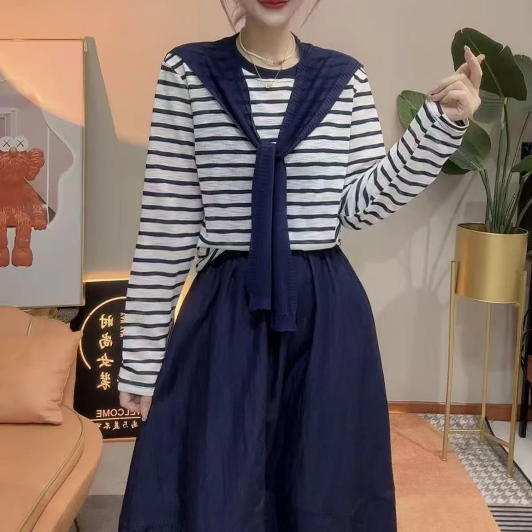 2025新款休闲风条纹早秋时尚套装原宿风学院风长袖显瘦套装衬衫裙