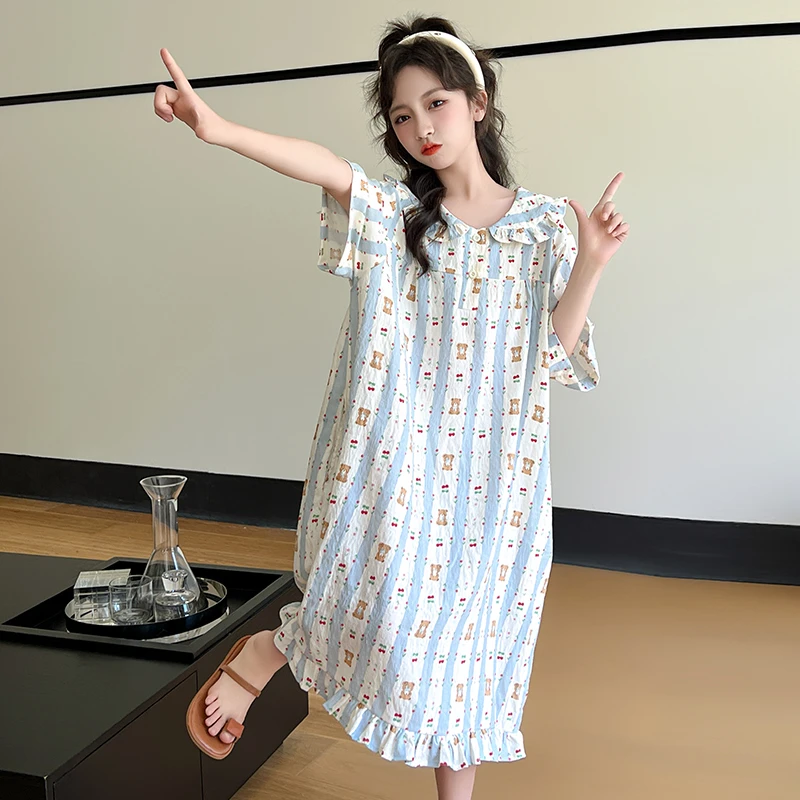 儿童睡衣女童短袖纯棉纱睡裙可爱熊女孩子夏天薄款透气宽松家居服