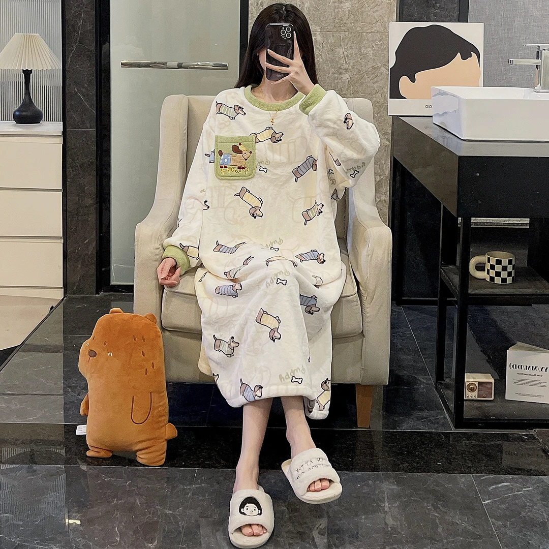 睡衣女秋冬季睡裙大码珊瑚绒2025新款法兰绒加厚保暖长条狗家居服