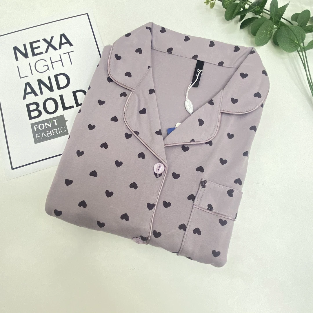 064#简约气质紫色爱心长袖长裤开衫100%纯棉女士睡衣套装家居服