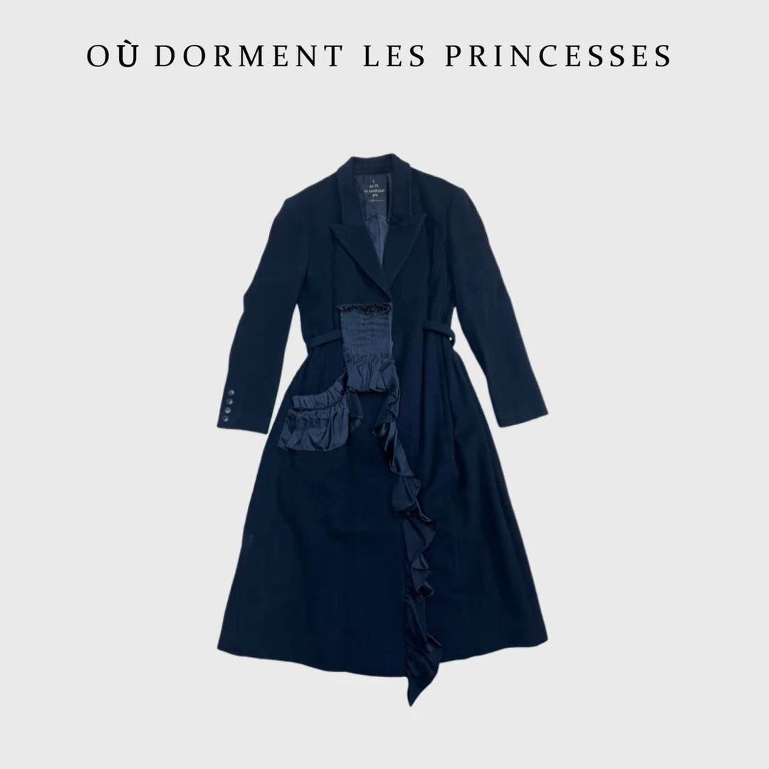 Fen姐【烟波】法式复古拼接不规则设计气质羊毛长款大衣4102743