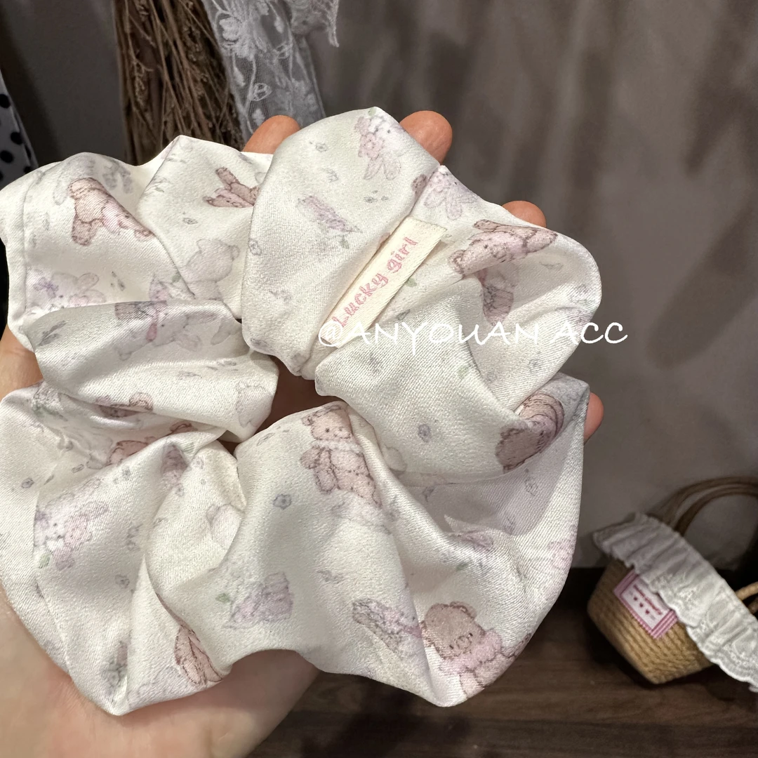 绸缎料小熊韩版卡通印花大肠发圈可爱甜美少女感马尾丸子头发绳