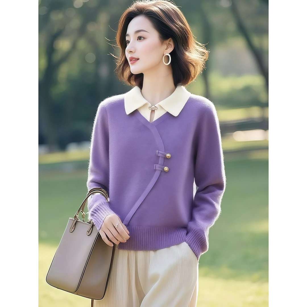 【售罄】HH#时尚Polo领温雅撞色翻领盘扣遮肉针织秋季新款DY14872