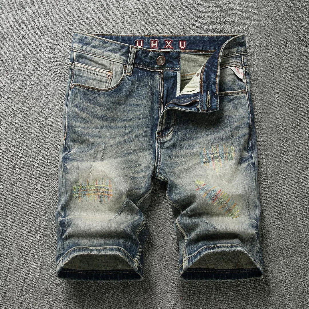 高端破洞补丁牛仔短裤男款中裤夏季刺绣刮烂马裤美式痞帅夏款潮流