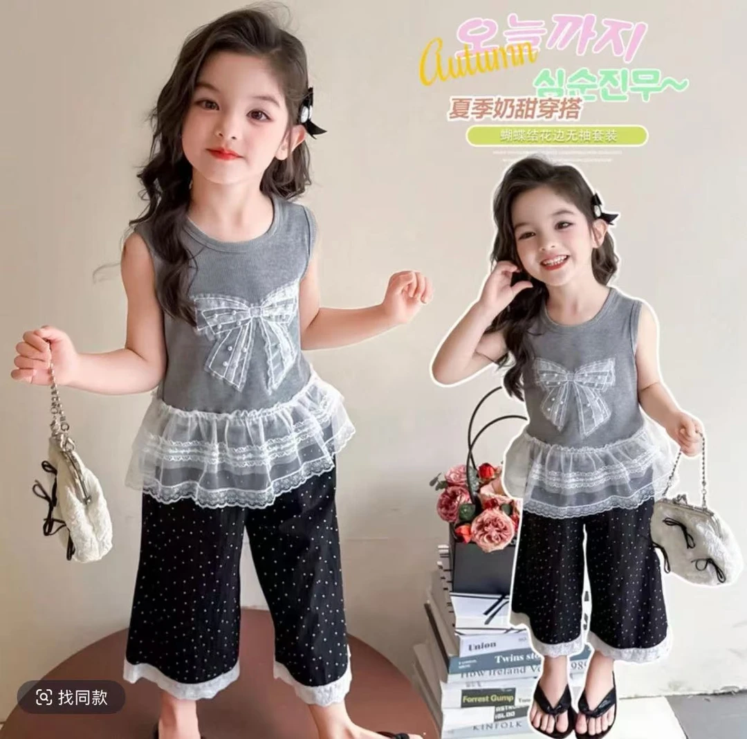 女童夏季套装2025新款洋气女孩花边短袖薄款阔腿裤夏装潮牌两件套