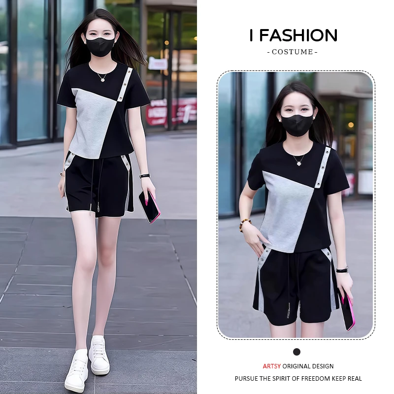 高含棉时尚运动套装女2025年夏季新款设计感百搭上衣短裤两件套