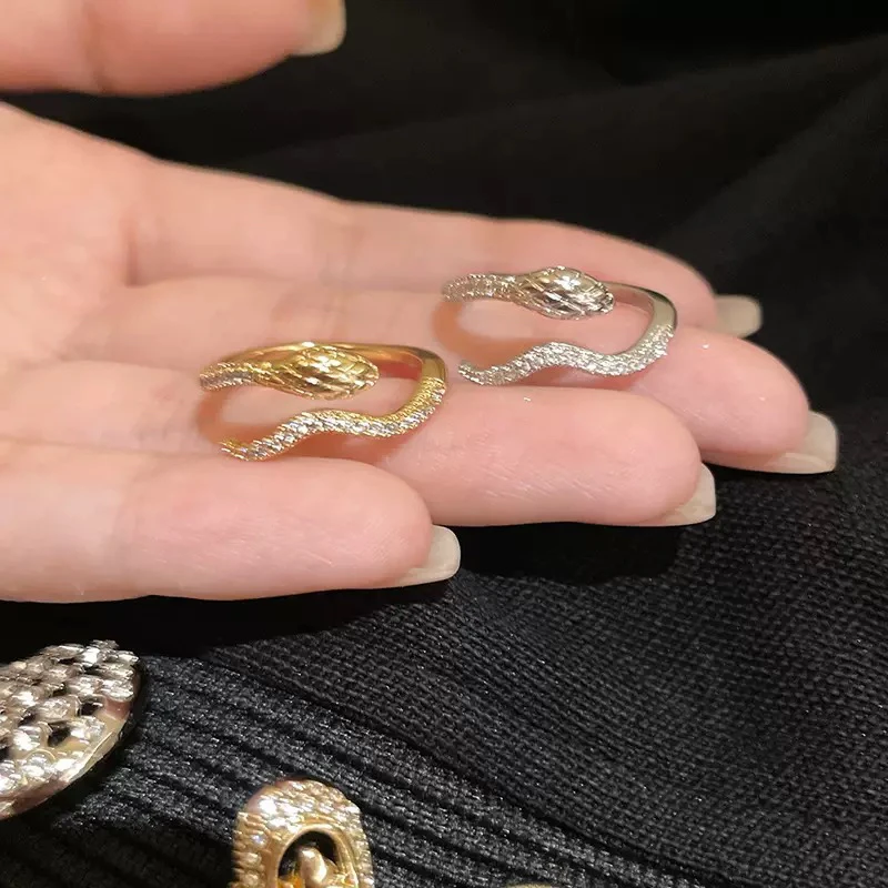 锌合金戒指 个性蛇形锆石开口戒指女小众设计高级感独特食指戒
