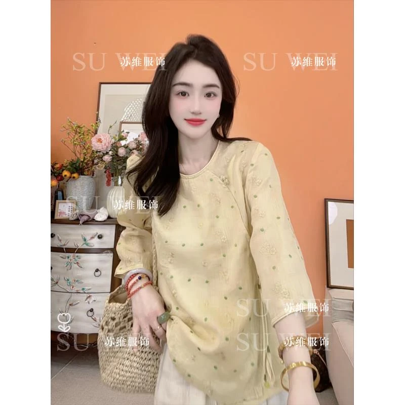 2122苎麻斜襟五分袖镂空圆领四季通用衬衫女装提花复古长袖
