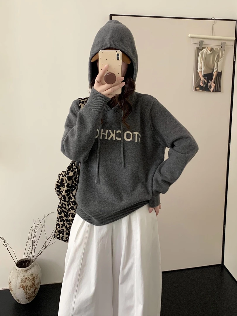 新款宽松套头字母连帽针织毛衣休闲加厚百搭上衣