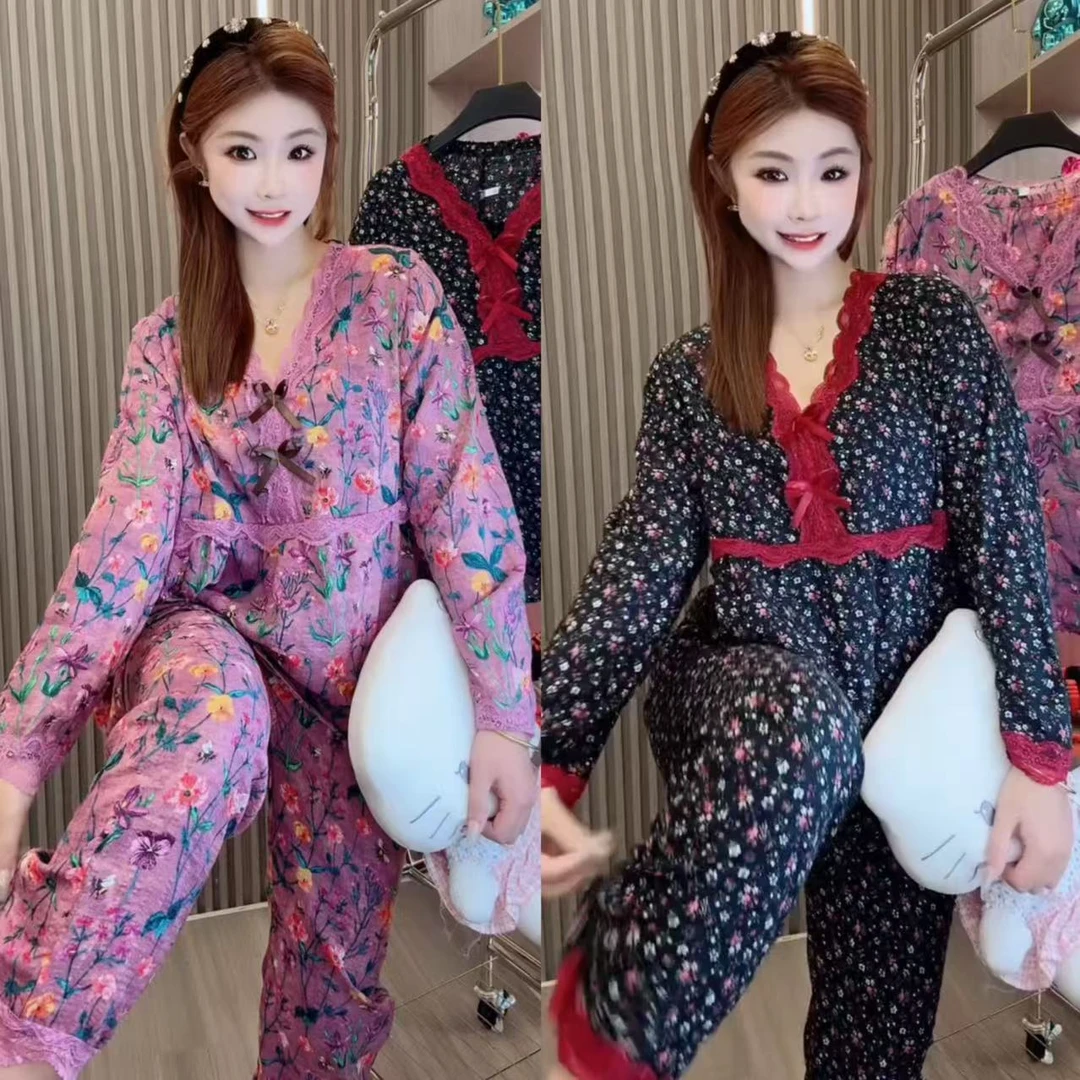 519春季长袖碎花秋季睡衣家居服套装宽松套装休闲显瘦上衣家居服