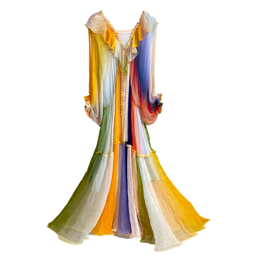 新款  100%桑蚕丝宽松蝙蝠袖印花裙子休闲感气质海边度假连衣裙女